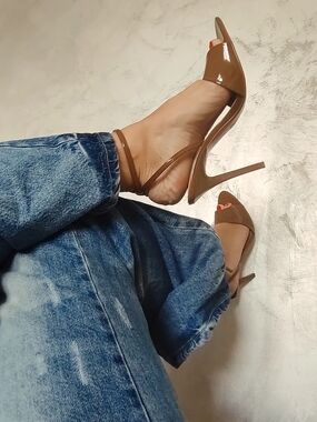 Zara Brown Patent Open-Toe Ankle-Strap Stiletto Heels